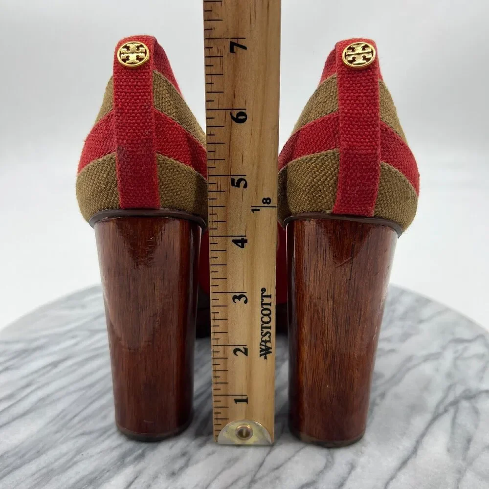 Tory Burch Joelle Platform Pump Womens 8 Linen Patchwork Wood Heel Round Toe